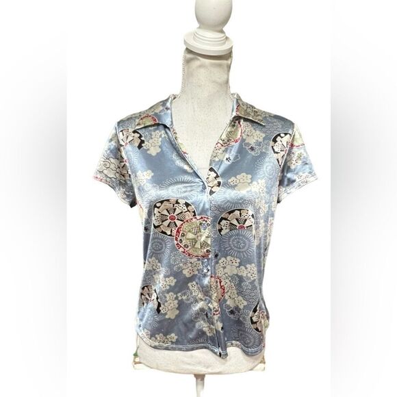 Vintage Xhilaration Y2K Top XL Asian Satin Blue Button - Picture 1 of 6